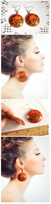 wedding photo - Orange wood earrings with hand painted Handmade round earrings Gift idea for her Folk ethnic jewelry Casual Dangling earrings Birthday gift