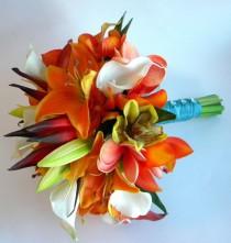 wedding photo - Destination Cozumel- Real Touch Bridal Bouquet Beach/Tropical Wedding in Oranges, Orange/reds and greens  with Teal