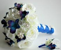 wedding photo - The Amber Bouquet- Pearl Brooches,  Blue Dendrobium Orchids and Silk Garden Roses Large Bridal Bouquet