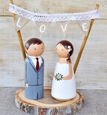 wedding photo -  Wooden Peg Cake Topper. Rustic Wedding Cake Topper.Custom Wedding Cake Topper.Personalized Bride and Groom Wood Slice. Boho Cake Topper