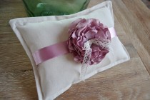 wedding photo -  Ivory Wedding Ring Pillow Pink Fabric flower. Original Ring Pillow Rustic Wedding. Ring Bearer Pillow Center Flower. Ivory Pink ring holder
