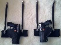 wedding photo - Gothic Steampunk garter guns,  throwing knives with sugar skull garter straps left and right thigh