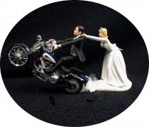 wedding photo - Motorcycle Wedding Cake Topper W/ Sexy Blue Harley Davidson Funny Groom Top