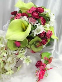 wedding photo - Fuchsia Hot Pink and Lime Green Calla Lily Victorian Style Beaded Cascading Bridal Brooch Bouquet and Boutoneirre Set
