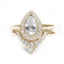 wedding photo - Pear Shaped Moissanite Engagement Ring with Matching Side Diamond Band