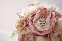 wedding photo - Brooch Bouquet, Fabric Wedding Bouquet, bridal flower rhinestone pearl brooches, fake flowers blush, wine, gold, champagne broach