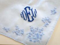 wedding photo - Blue Cotton Handkerchief with 3 Initial Monogram & Date