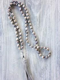 wedding photo - Pearl necklace with Swarovski bead and suede tassel. Swarovski necklace. Knotted pearls