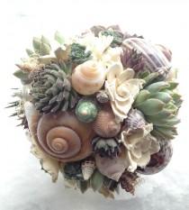 wedding photo - Succulents, seashells and sola flower bouquet. Wedding flowers. Beach bouquet.