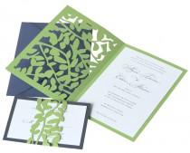 wedding photo - Leaf Lace Wedding Invitations - whimsical, vine, leaves, romantic, navy blue, green, cutout, trellis wrap design with customizable colors
