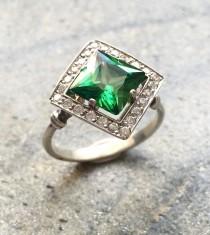 wedding photo - Emerald Ring, Emerald Engagement Ring, Created Emerald, Vintage Emerald Ring, Vintage Ring, Antique Emerald Ring, Antique Rings, Silver Ring