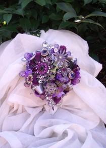wedding photo - Custom Order purple brooch bouquet, plum cascade wedding bouquet, vintage purple jewelry bouquet, cascade wedding bouquet, florist made,