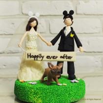 wedding photo - Custom Wedding Cake Topper - Mickey ear, holding Love sign, Happily ever after -