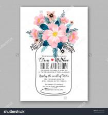 wedding photo - Romantic pink peony bouquet bride wedding invitation template design. Winter Christmas wreath of pink flowers and pine and fir branches. Ribbon mason jar
