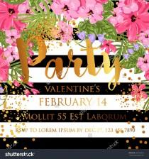 wedding photo - Exotic tropical flowers on striped background for the holiday Valentine's Day. Gold lettering handwriting. Invitation to a party