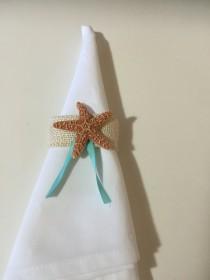 wedding photo - Burlap starfish napkin rings set of 6, Wedding Table Setting, Reception Decor, Wedding Decor, Bridal Shower Decor