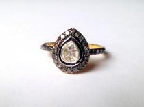 wedding photo - Victorian 925 solid sterling silver engagement ring with uncut pear shaped polki diamond solitaire and diamonds