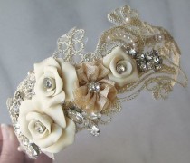 wedding photo - Champagne Lace Headband With Vintage Rhinestones And Pearls
