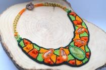 wedding photo - Green Orange Bead Embroidery Necklace Seed bead Embroidered Necklace Bright Statement Necklace Bold Jewelry Beadwork Necklace Gift for her