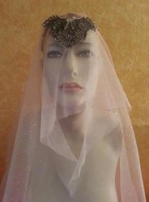 wedding photo - Medieval Renaissance Pewter Tudors Goddess Silver Sparkle Tulle Bridal Headpiece & Veil Wedding Party Costume Bohemian Gypsy