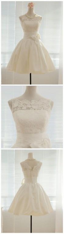 wedding photo - Princess Ivory Lace And Taffeta Short Wedding Dress,Little White Dress,apd0115
