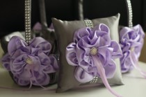 wedding photo -  Gray Violet Flower Girl Basket   Ring bearer Pillow \ Lilac and Gray Wedding Pillow Basket Set \ Light Purple Gray Ring Holder Petals Basket