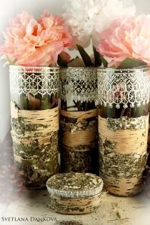 wedding photo -  Wedding Vases, Birch bark, hand painted Lace, Glass Vases, Candle Lanterns, Rustic Wedding