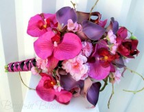 wedding photo - Hot Pink Brides bouquet ~ Orchid Calla Cherry blossom Silk Wedding Flowers