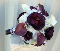 wedding photo - Wedding bouquet, Purple white calla lilies Ranunculus Bridal Flowers