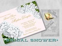 wedding photo - Printed Blush Pink and Gold Bridal Shower Invitation with White Hydrangeas, Vintage Cottage Chic Shower Invite - Custom Floral Invitation