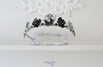 wedding photo - Bridal crown Silver Black wedding tiara Black roses headpiece Fairy Black Queen Festiv hair accessories  Bohemian rhinestones crown