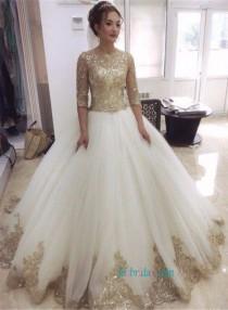 wedding photo -  Glitter gold sequined lace ball gown wedding dress