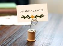 wedding photo - VINTAGE wood thread spool wedding table number holder, escort card, photo stand, place card holder