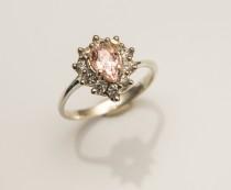 wedding photo - Salmon Pink Morganite Ring Morganite Engagement Ring Gold Morganite RIng Pear Cut Morganite Halo 14K White Gold Ring