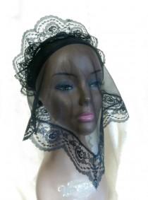 wedding photo - Funeral Veil, Chapel Head Covering, Gothic Wedding, Sheer Black Nylon and Lace Accessory