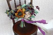 wedding photo - Fall Autumn Loose Wildflower Silk Flower Boho Plum and Gold Wedding Bouquet