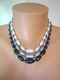 wedding photo - Navy Pearls, Blue Pearl Necklace, Pearl Choker, 3 Strand, Bridal Pearls, Blue Ombre, Wedding Jewelry, 1950s Jewelry, Rockabilly, Hong Kong