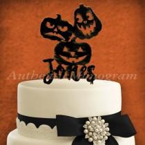 wedding photo - Custom Name HALLOWEEN JACK O LANTERN Pumpkins Wooden Cake Topper,Painted Black with Silver Glitter  94330P