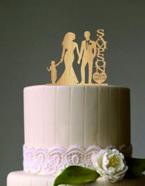 wedding photo - family wedding cake topper with little boy, bride and groom silhouette, rustic cake topper, unique wedding cake topper, Mr and Mrs topper