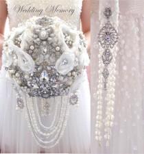 wedding photo - BROOCH BOUQUET with pearl and crystal cascading, jeweled with silver jewelery