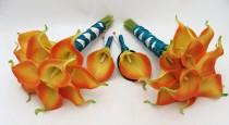 wedding photo - Wedding Flower Package Flame Orange Real Touch Calla Lily Bridesmaids Bouquets Groomsmen Boutonnieres Teal Ribbon Choose Your Colors