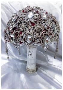 wedding photo - Luxurious Ruby Red Silver Brooch Bouquet. White handle wrap. Deposit listing