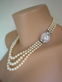 wedding photo -  Pearl Necklace, Pearl Choker, Mother of the Bride, Bridal Jewelry, Great Gatsby, Bridal Pearls, Wedding Necklace, Rhinestone Choker, Deco