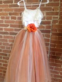 wedding photo - Burnt Orange Tulle Gown With Lace Collar Junior Bridesmaid Dress