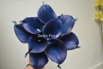 wedding photo - 9 stems Navy Blue Calla Lilies Real Touch Flowers Silk Bridal Bouquets Bridesmaids bouquets Wedding Centerpieces, Decorations