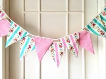 wedding photo - Shabby Chic Fabric Banners, Bunting, Garland, Wedding Bunting, Flags, Mint green and Pink shade- 3 yards