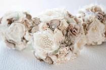wedding photo - Fabric Bouquet, Silk Flower Wedding Bouquet, Fabric Brooch Bouquet bridal rhinestone and pearl brooches, silk flowers, taupe tan broaches