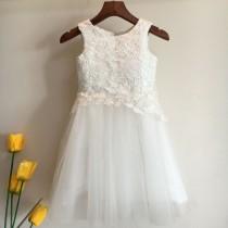 wedding photo - Ivory Lace Tulle Flower Girl Dress Junior Bridesmaid Wedding Girls Dresses