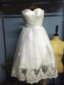 wedding photo -  Aliexpress.com : Buy Sweetheart Sleeveless White Satin and Tulle Mid Calf Length Short Wedding Dresses with Lace Hem from Reliable dress trendy suppliers on Gama Wedding Dress