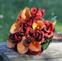 wedding photo - Silk Wedding Bouquet, Fall Wedding Bouquet, Keepsake Bouquet, Bridal Bouquet  made with Orange Calla Lily and Red Rose silk flowers.